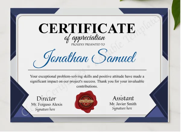 Editable Appreciation Certificate presented in a sleek wooden frame, elegantly arranged on a stylish table.