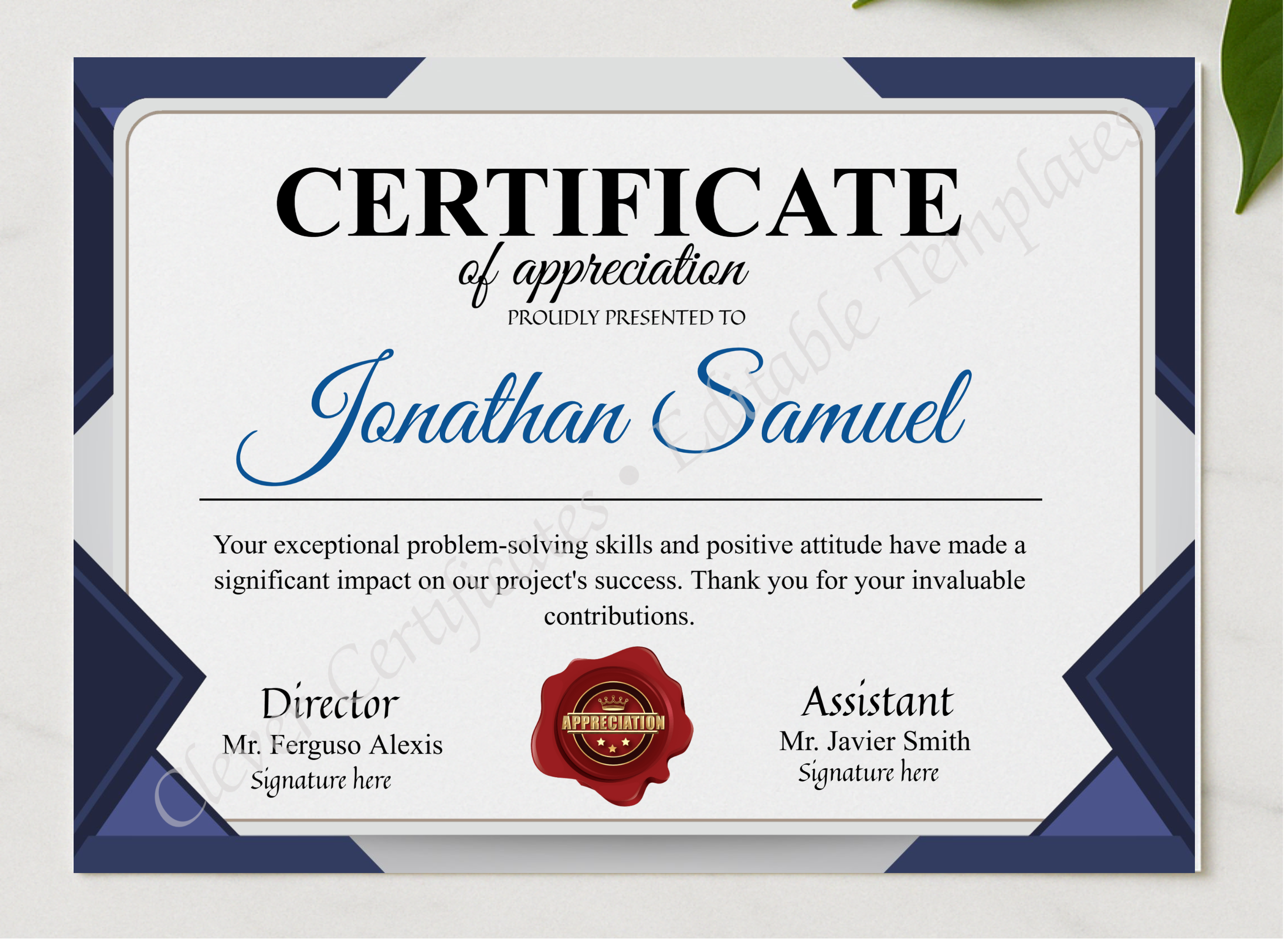 Editable Appreciation Certificate presented in a sleek wooden frame, elegantly arranged on a stylish table.