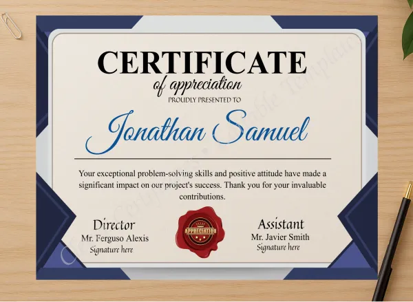 Professional preview of Editable Appreciation Certificate certificate on high-quality stationery paper, ideal for showcasing the final look.