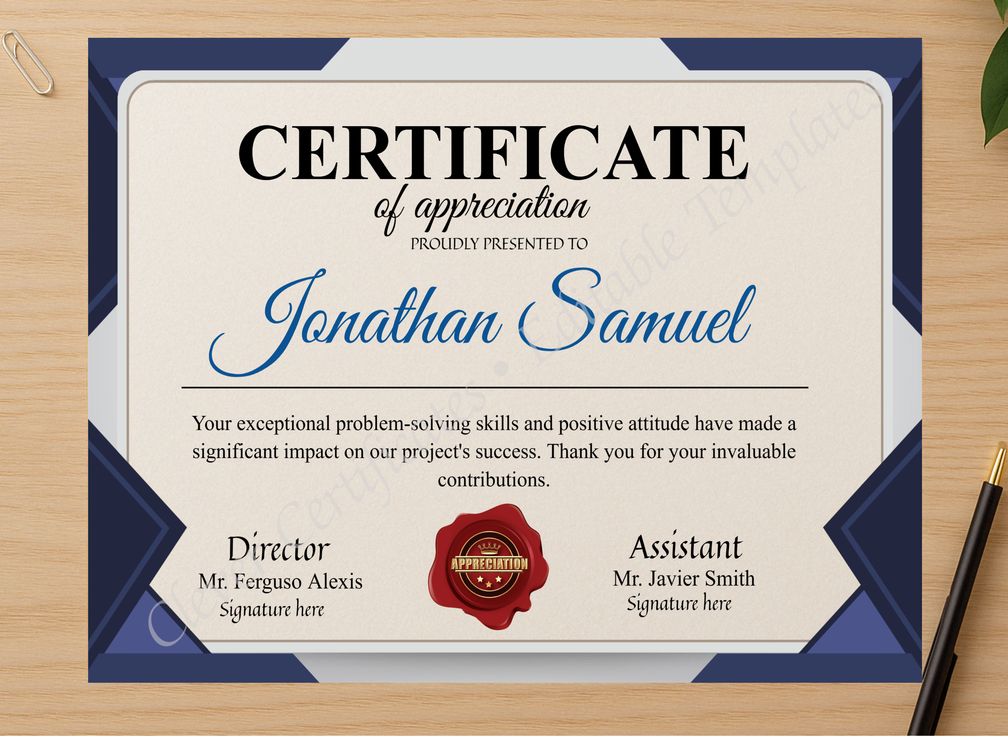 Professional preview of Editable Appreciation Certificate certificate on high-quality stationery paper, ideal for showcasing the final look.