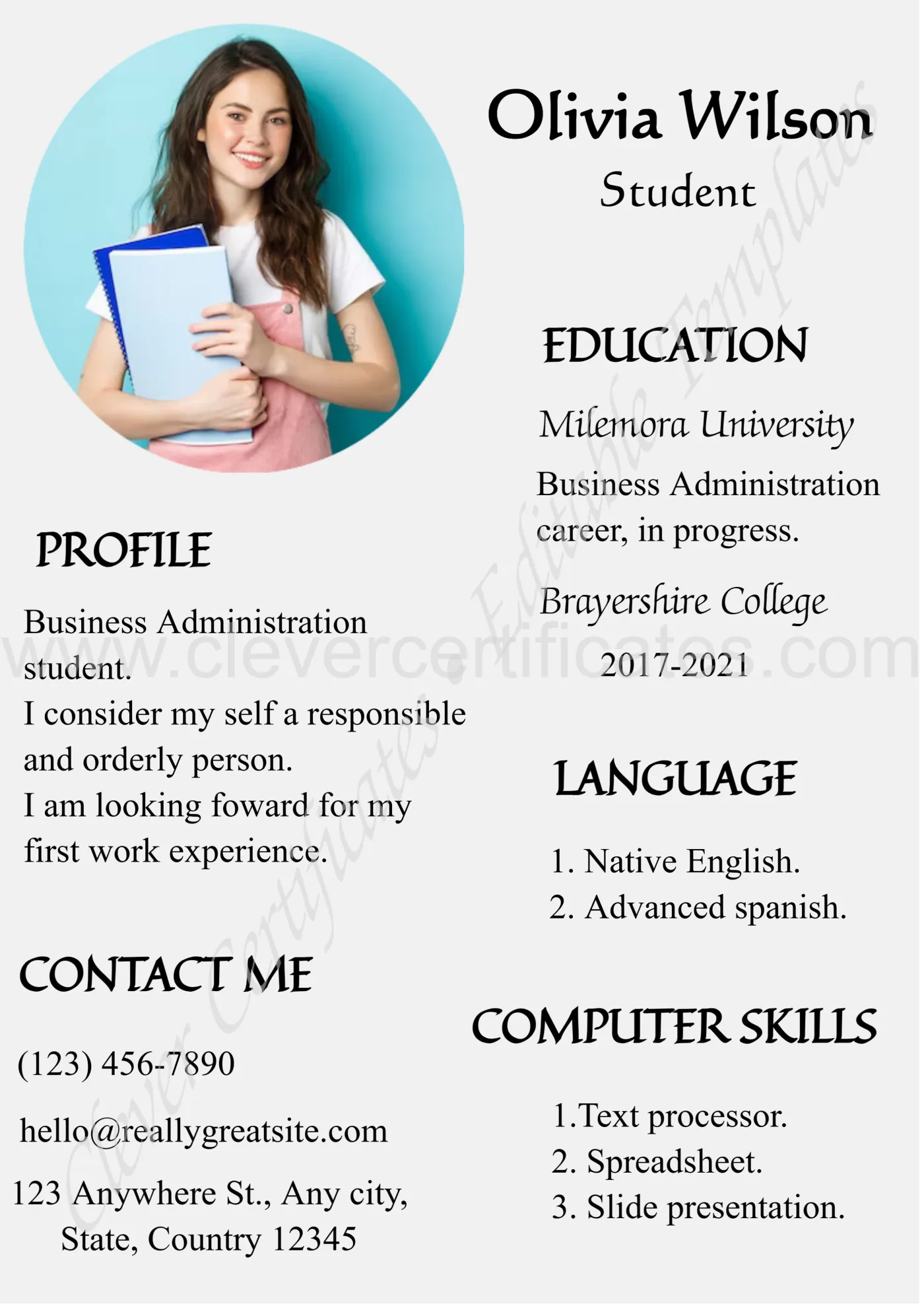 Printable Student CV Resume — Certificate Template Preview