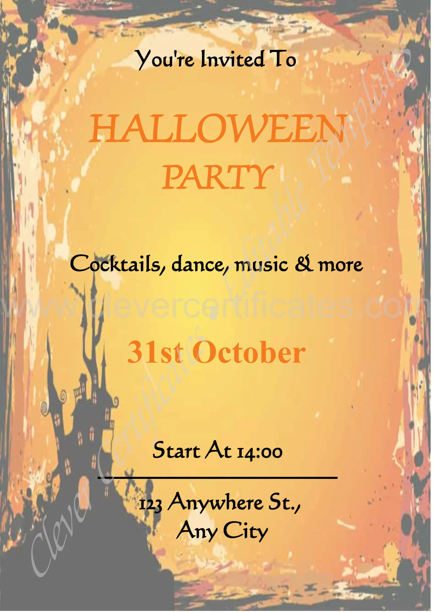 Editable Orange Black Illustrative Halloween Party Invitation Flyer — Certificate Template Preview