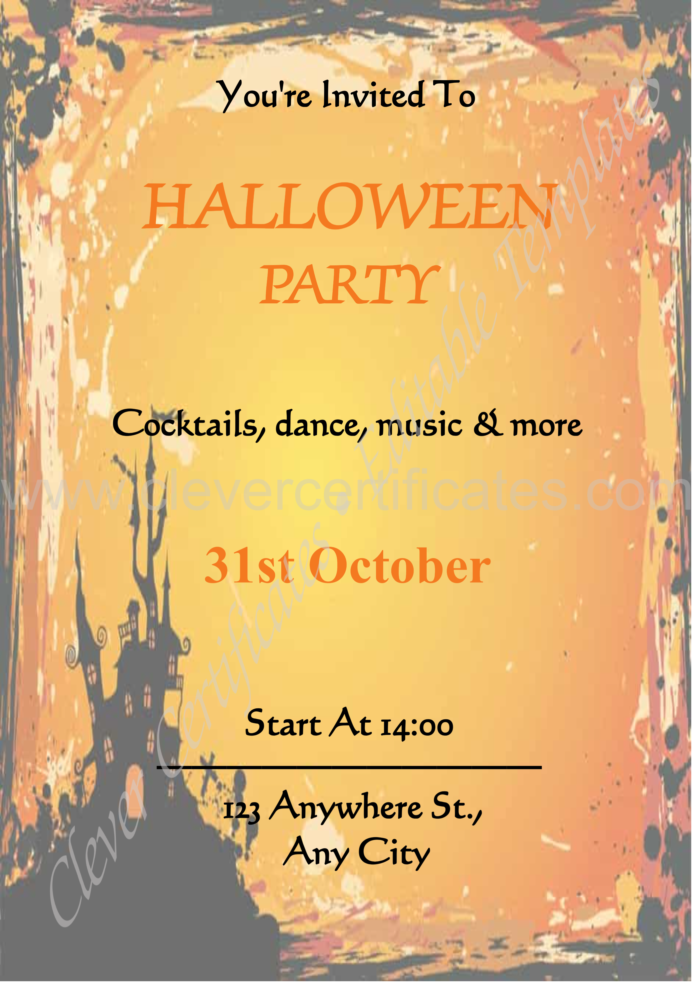 Editable Orange Black Illustrative Halloween Party Invitation Flyer — Certificate Template Preview
