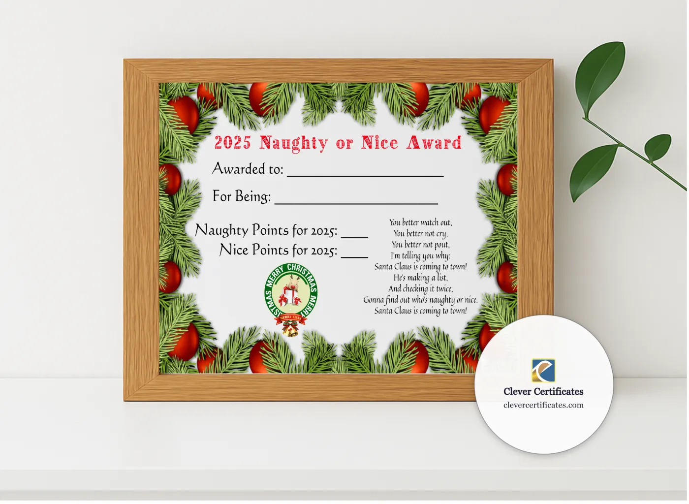 Realistic mockup featuring Naughty Or Nice Award displayed within a modern frame, set against a minimalistic background.