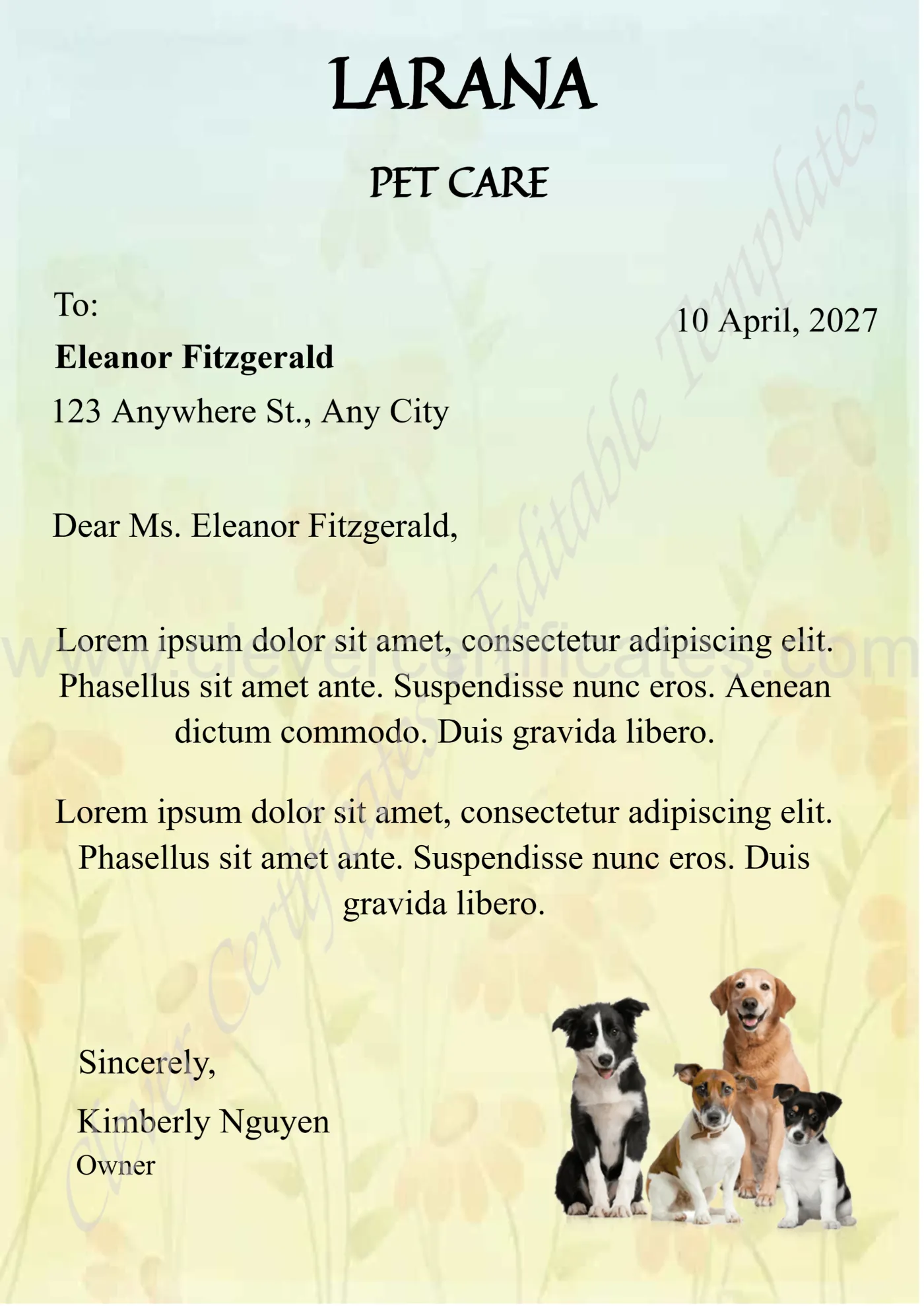 Editable Modern Pet Care Letterhead — Certificate Template Preview