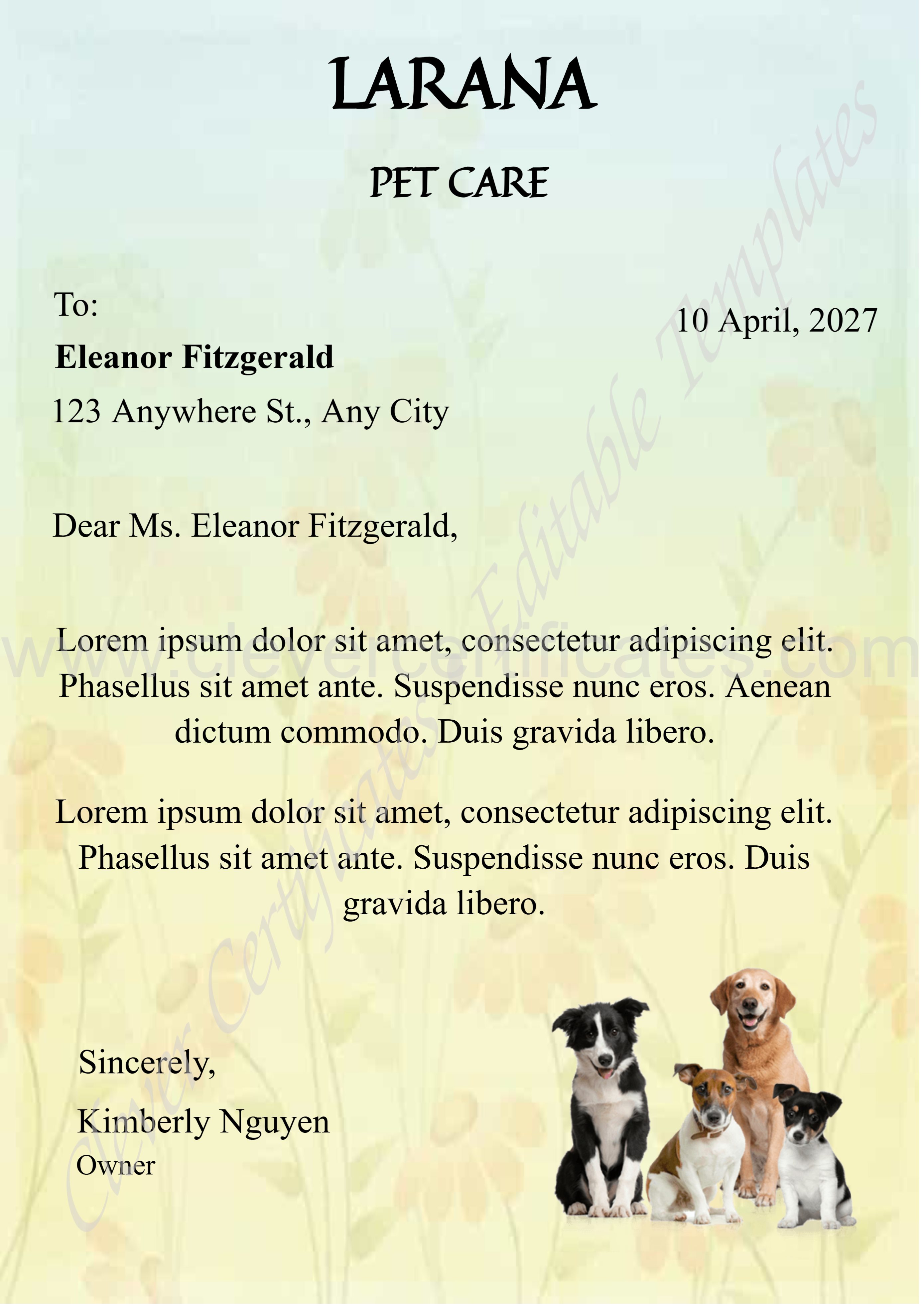 Editable Modern Pet Care Letterhead — Certificate Template Preview