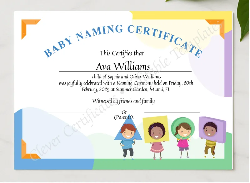 Baby Born Naming presented in a sleek wooden frame, elegantly arranged on a stylish table.