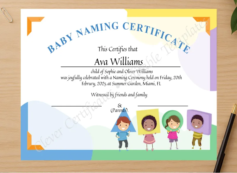 Professional preview of Baby Born Naming certificate on high-quality stationery paper, ideal for showcasing the final look.