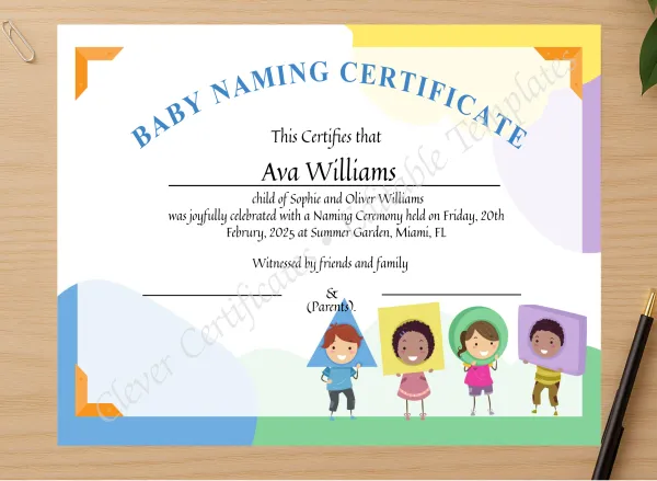 Professional preview of Baby Born Naming certificate on high-quality stationery paper, ideal for showcasing the final look.