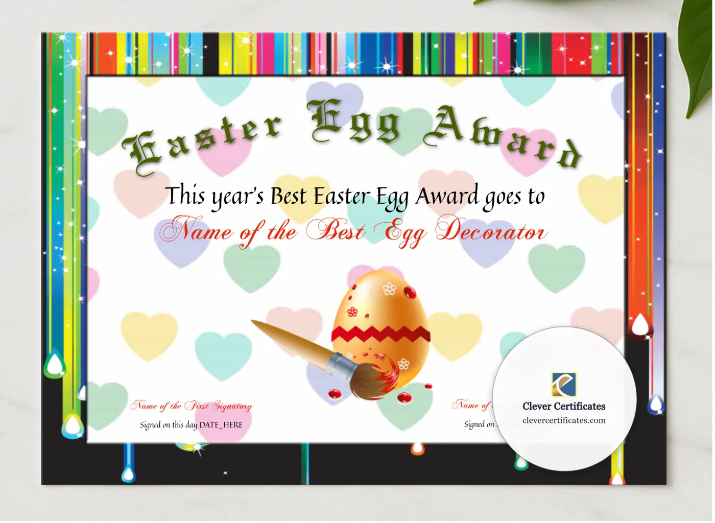 Best Easter Egg Award presented in a sleek wooden frame, elegantly arranged on a stylish table.