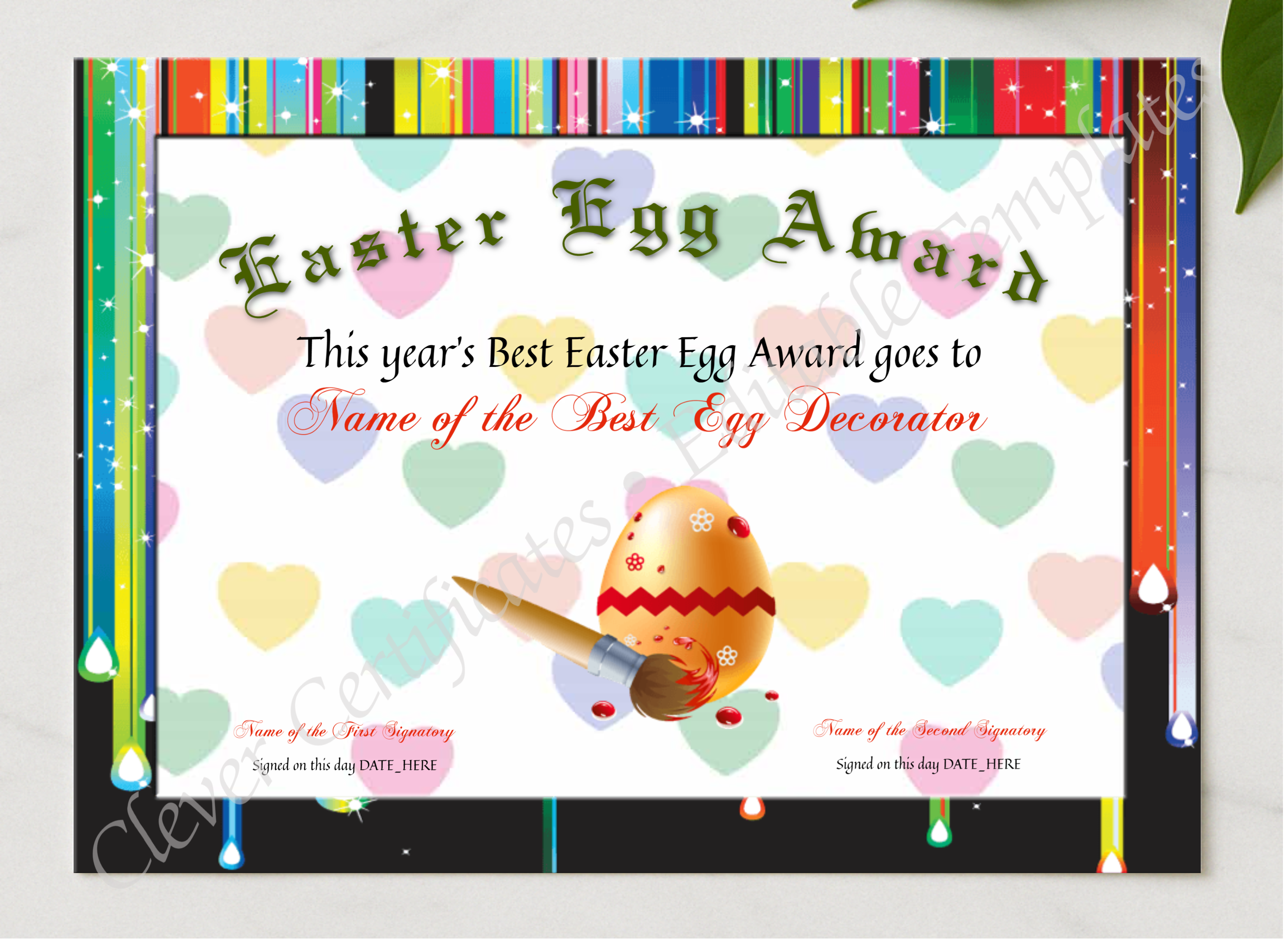 Best Easter Egg Award presented in a sleek wooden frame, elegantly arranged on a stylish table.