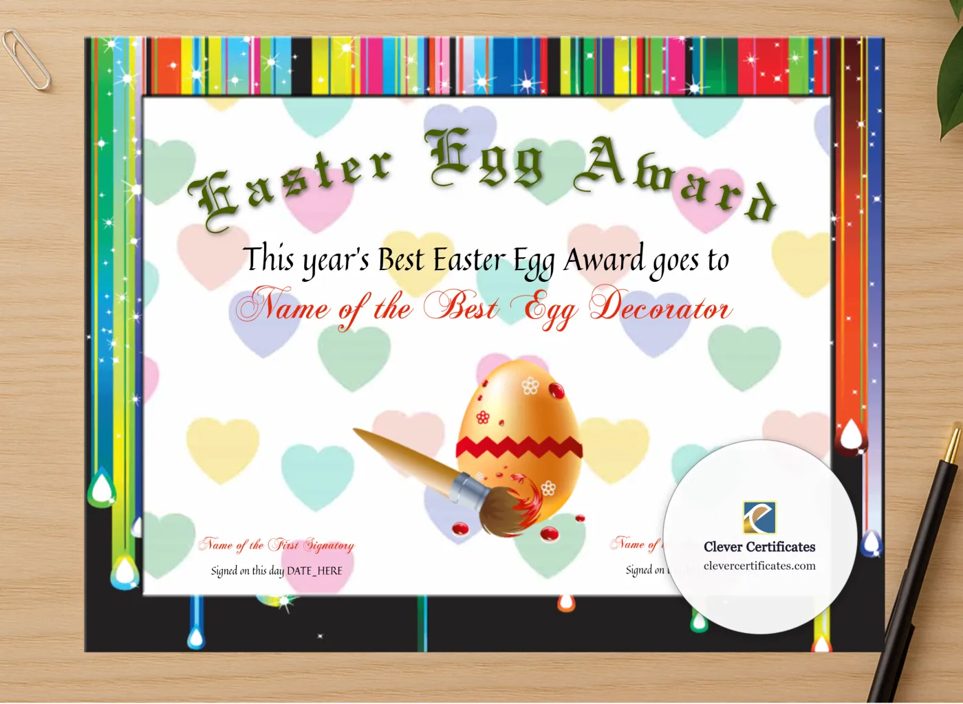 Professional preview of Best Easter Egg Award certificate on high-quality stationery paper, ideal for showcasing the final look.