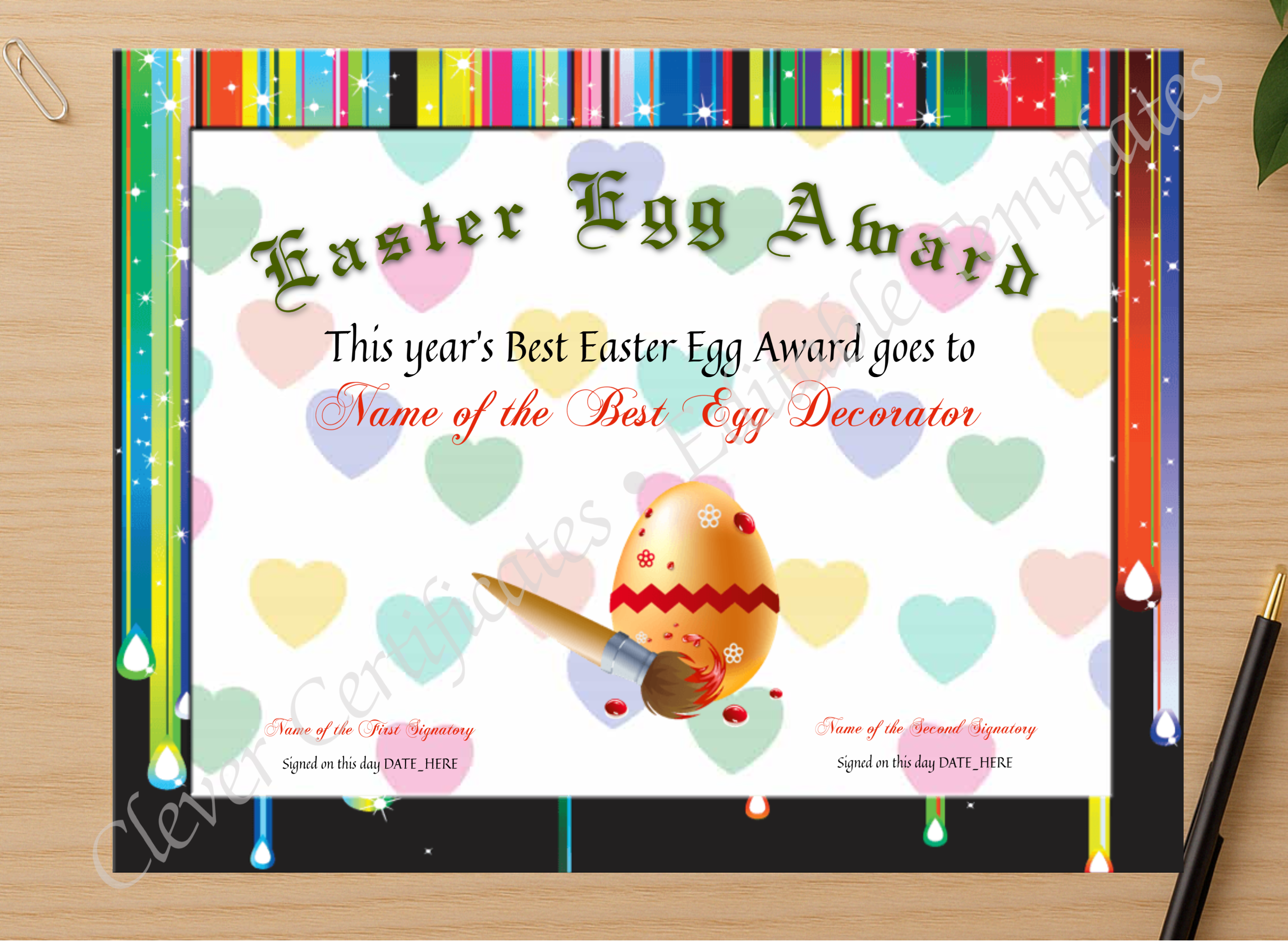 Professional preview of Best Easter Egg Award certificate on high-quality stationery paper, ideal for showcasing the final look.