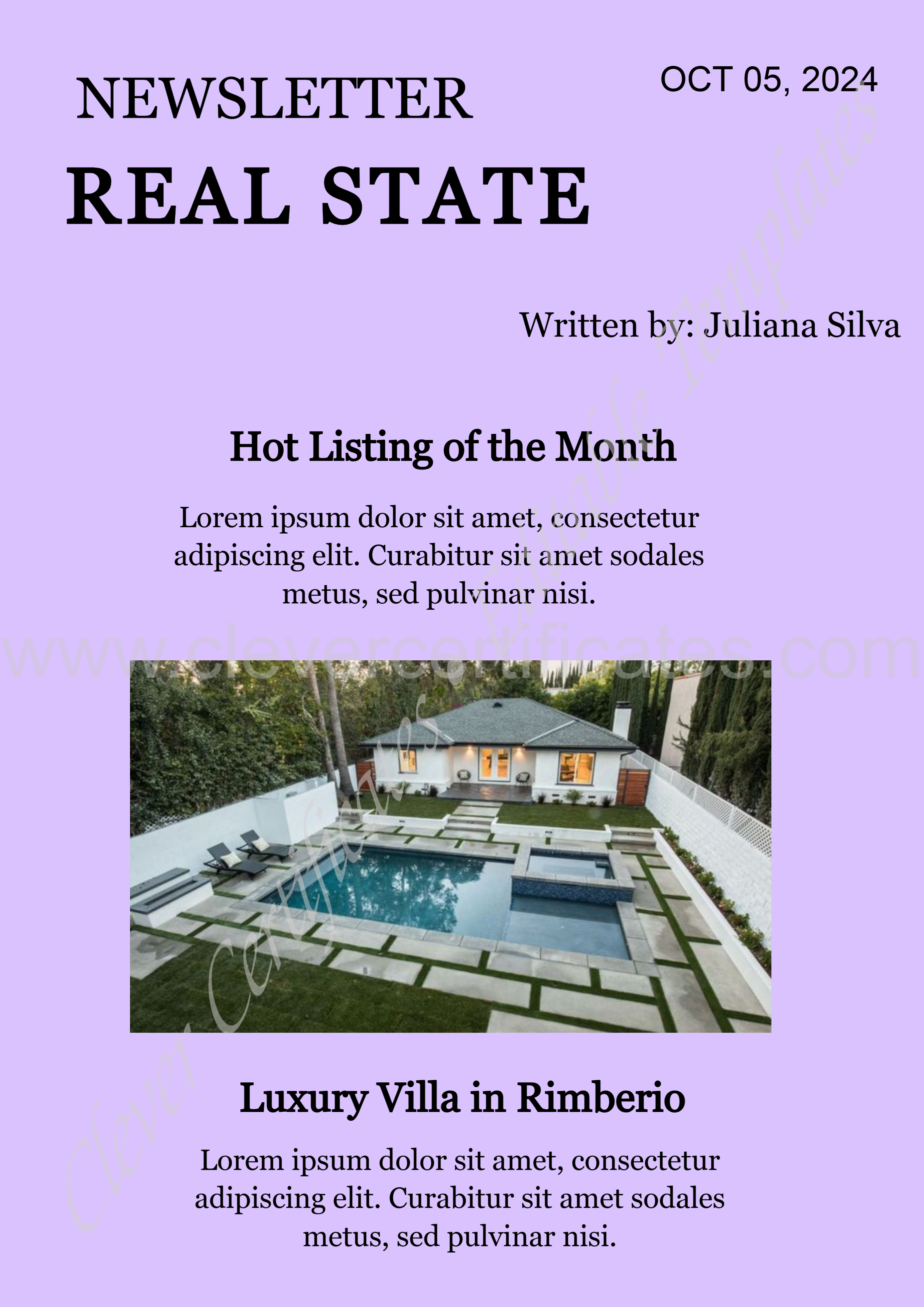 Purple Minimalist Real State Newsletter — Certificate Template Preview