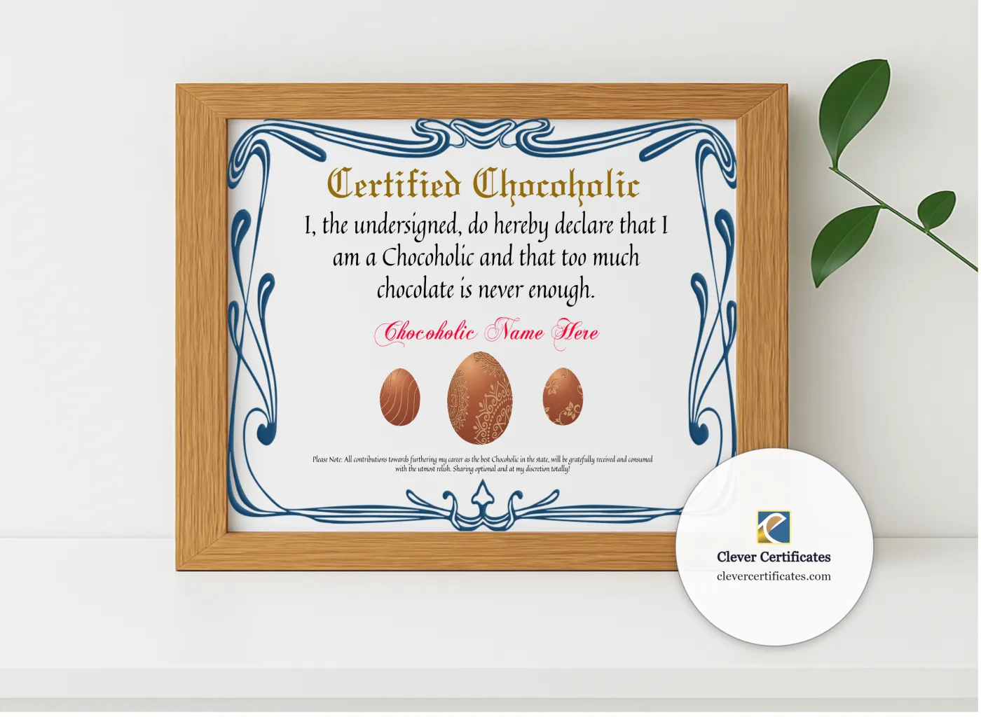 Realistic mockup featuring Certified Chocoholic Award displayed within a modern frame, set against a minimalistic background.