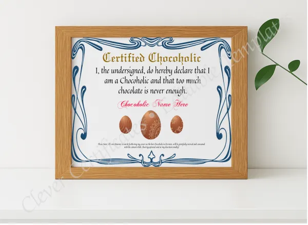 Realistic mockup featuring Certified Chocoholic Award displayed within a modern frame, set against a minimalistic background.