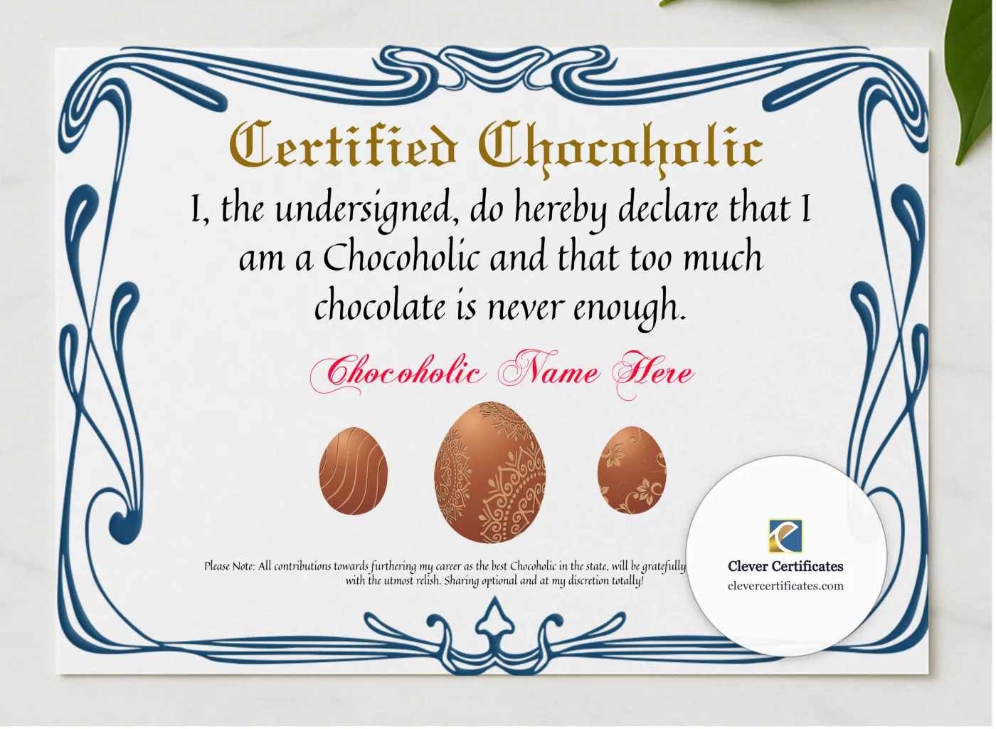 Certified Chocoholic Award presented in a sleek wooden frame, elegantly arranged on a stylish table.