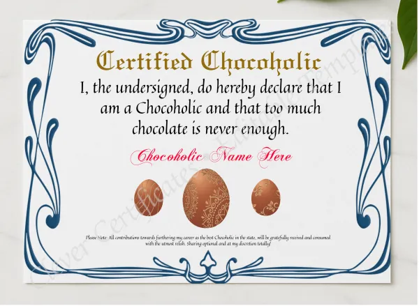 Certified Chocoholic Award presented in a sleek wooden frame, elegantly arranged on a stylish table.