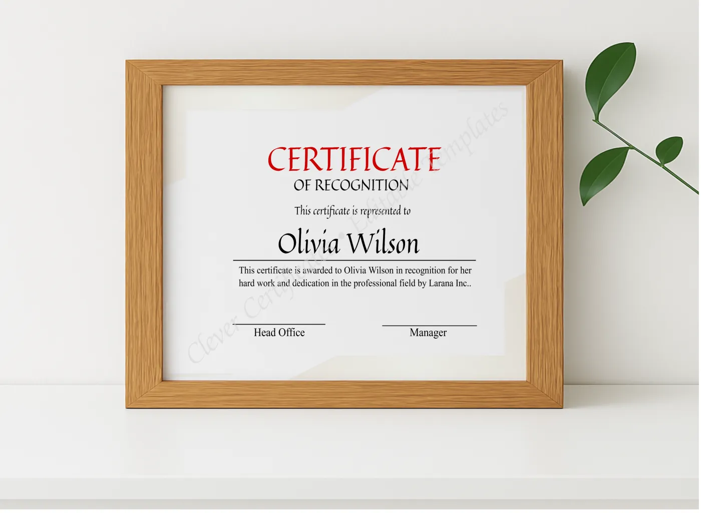 Realistic mockup featuring Certificate For Recognition displayed within a modern frame, set against a minimalistic background.