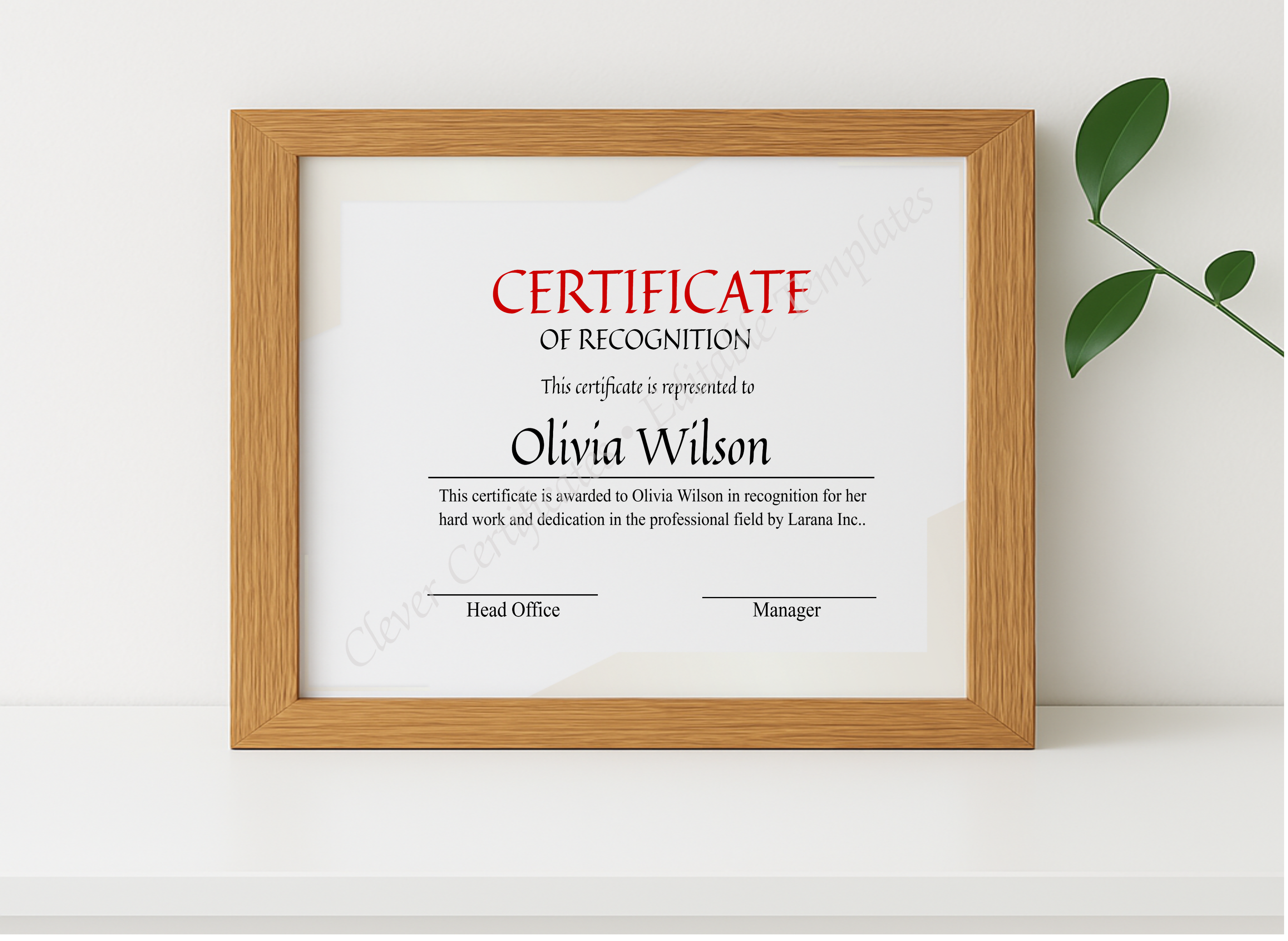 Realistic mockup featuring Certificate For Recognition displayed within a modern frame, set against a minimalistic background.