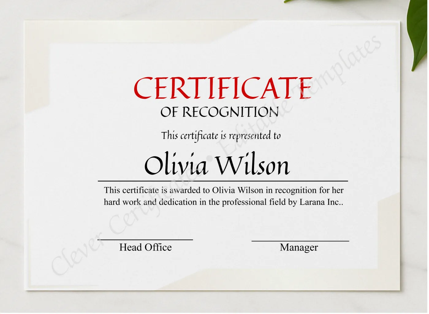 Certificate For Recognition presented in a sleek wooden frame, elegantly arranged on a stylish table.
