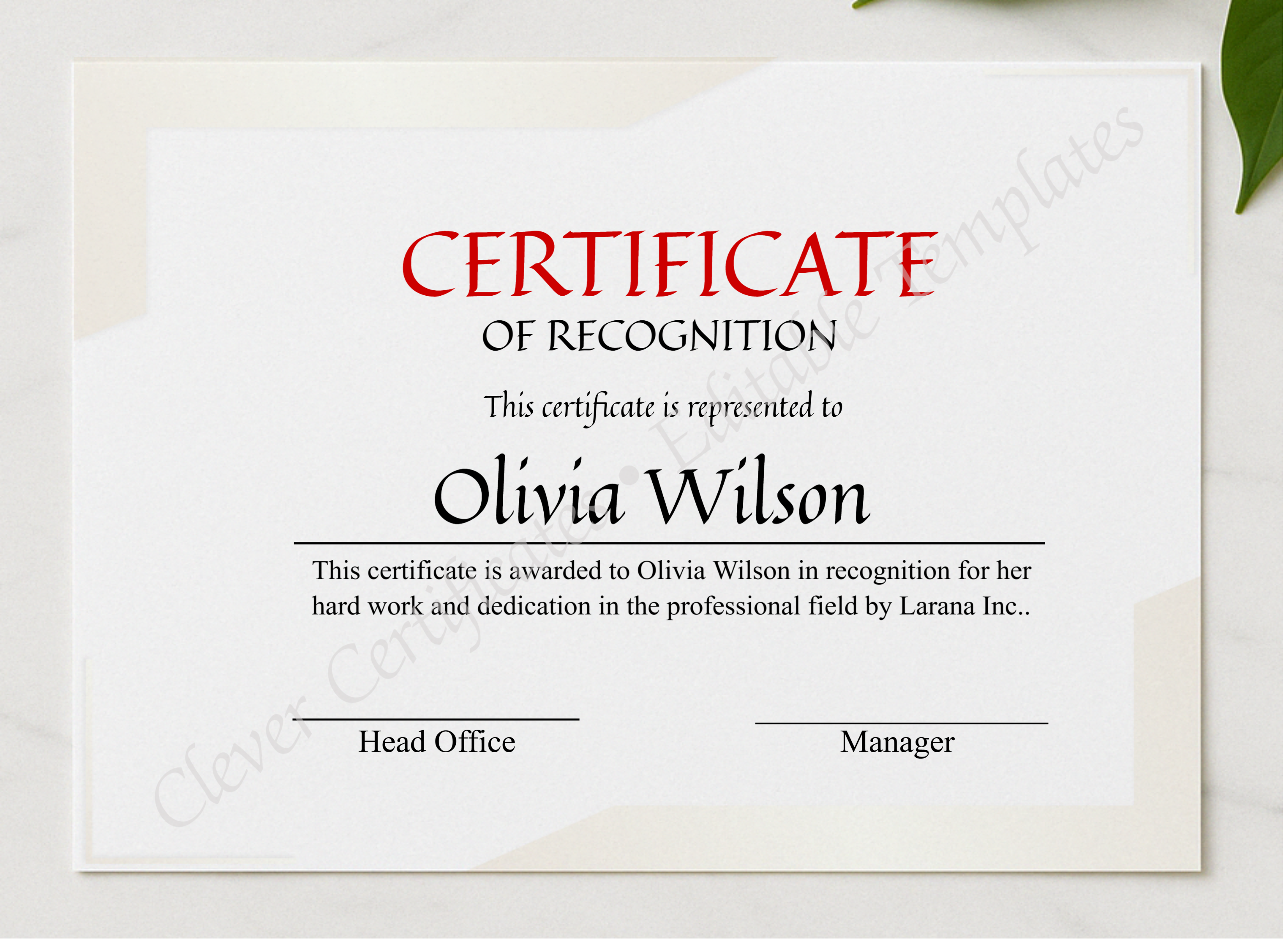 Certificate For Recognition presented in a sleek wooden frame, elegantly arranged on a stylish table.