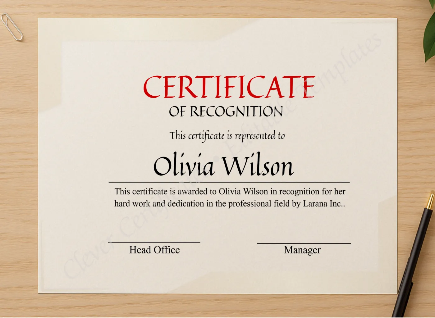 Professional preview of Certificate For Recognition certificate on high-quality stationery paper, ideal for showcasing the final look.