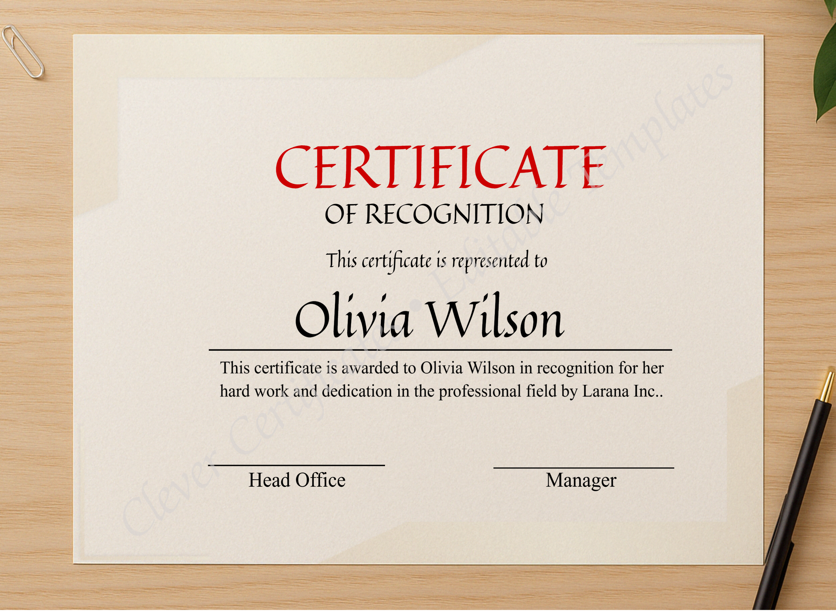 Professional preview of Certificate For Recognition certificate on high-quality stationery paper, ideal for showcasing the final look.