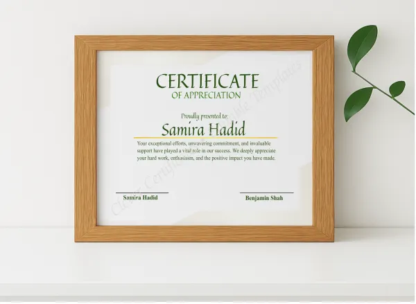 Realistic mockup featuring Printable Appreciation Certificate displayed within a modern frame, set against a minimalistic background.