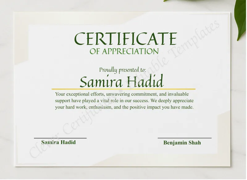 Printable Appreciation Certificate presented in a sleek wooden frame, elegantly arranged on a stylish table.
