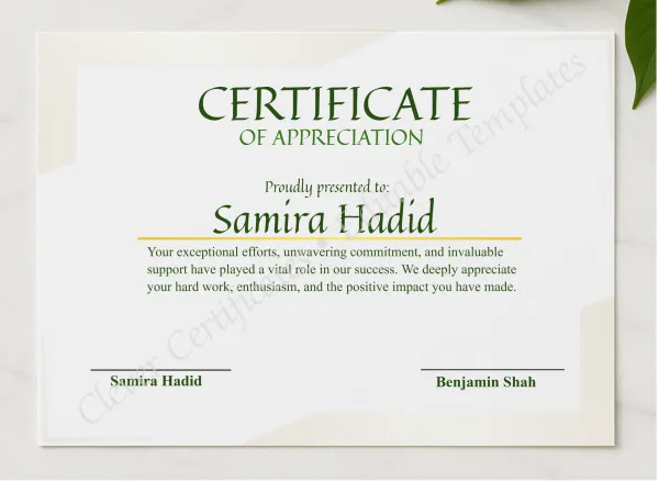 Printable Appreciation Certificate presented in a sleek wooden frame, elegantly arranged on a stylish table.