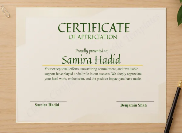 Professional preview of Printable Appreciation Certificate certificate on high-quality stationery paper, ideal for showcasing the final look.