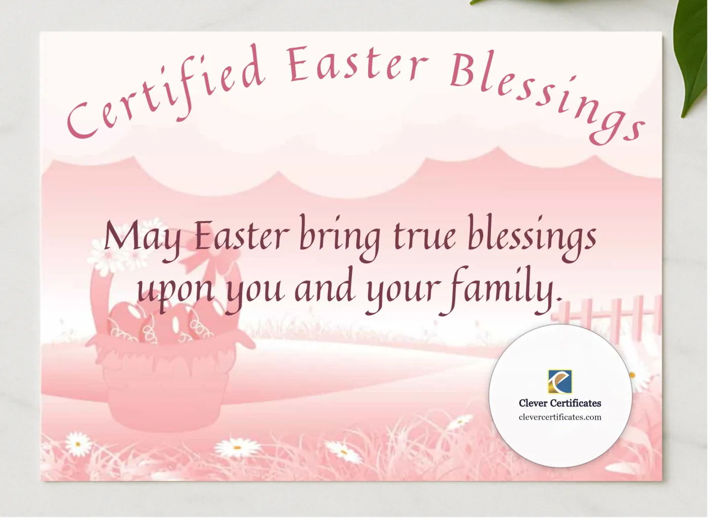 Certified Easter Blessings presented in a sleek wooden frame, elegantly arranged on a stylish table.