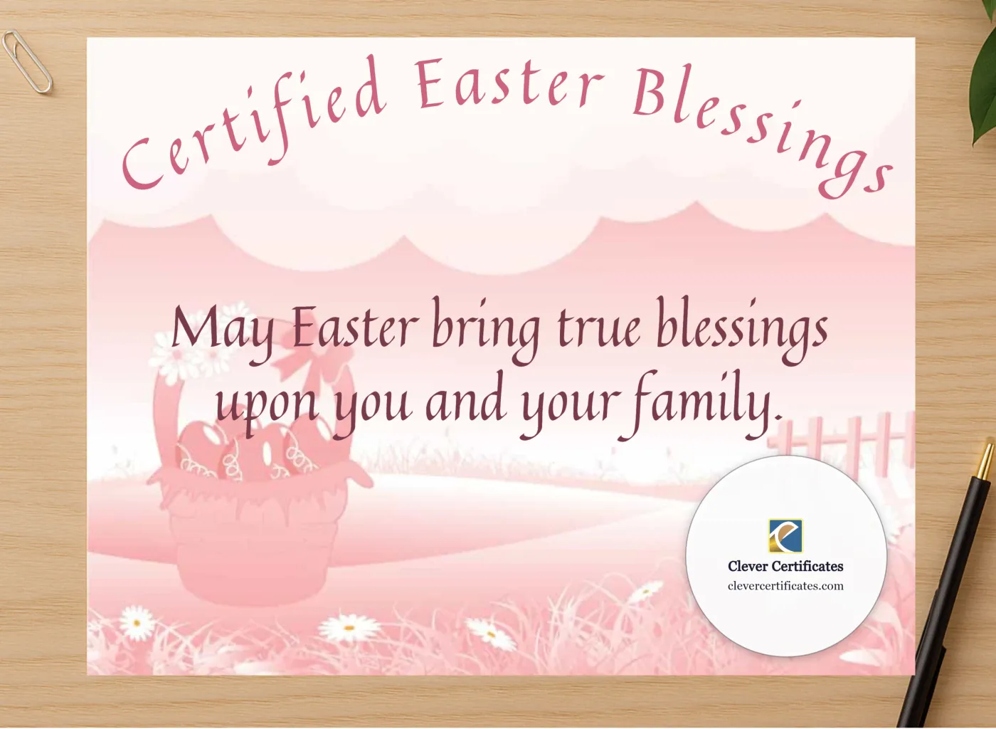 Professional preview of Certified Easter Blessings certificate on high-quality stationery paper, ideal for showcasing the final look.