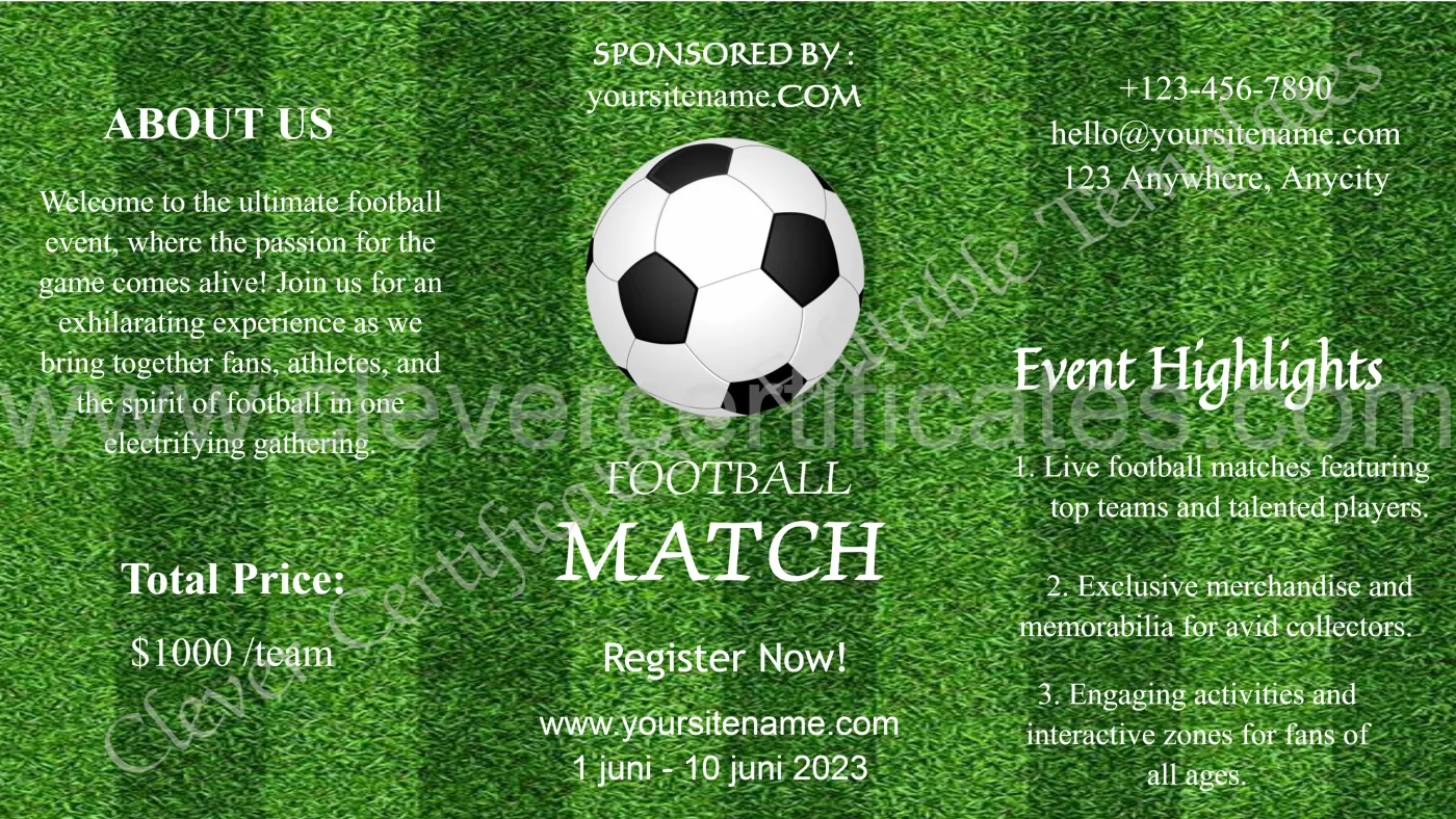 Green And White Grunge Football Sport Event Trifold Brochure — Certificate Template Preview