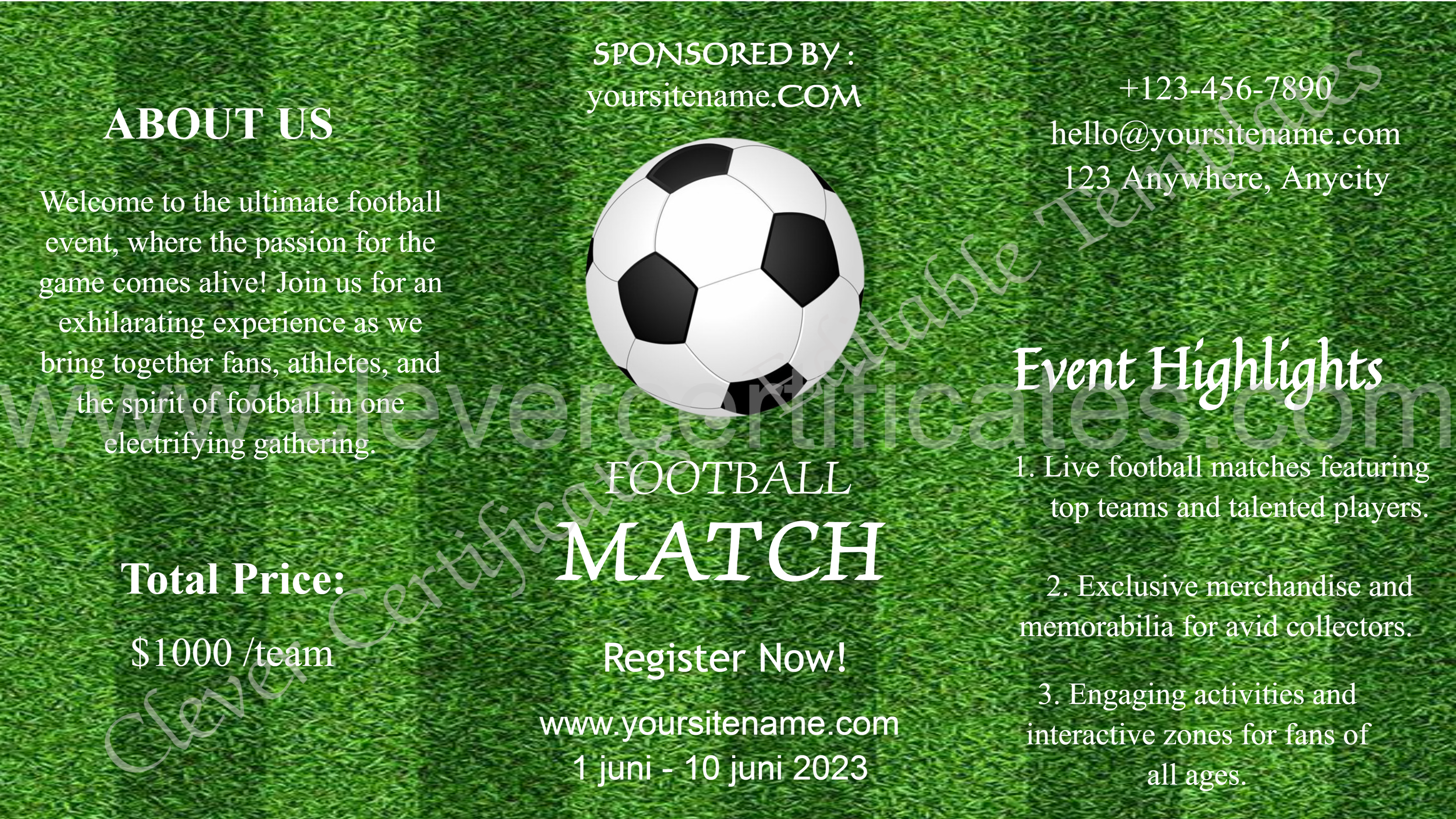 Green And White Grunge Football Sport Event Trifold Brochure — Certificate Template Preview
