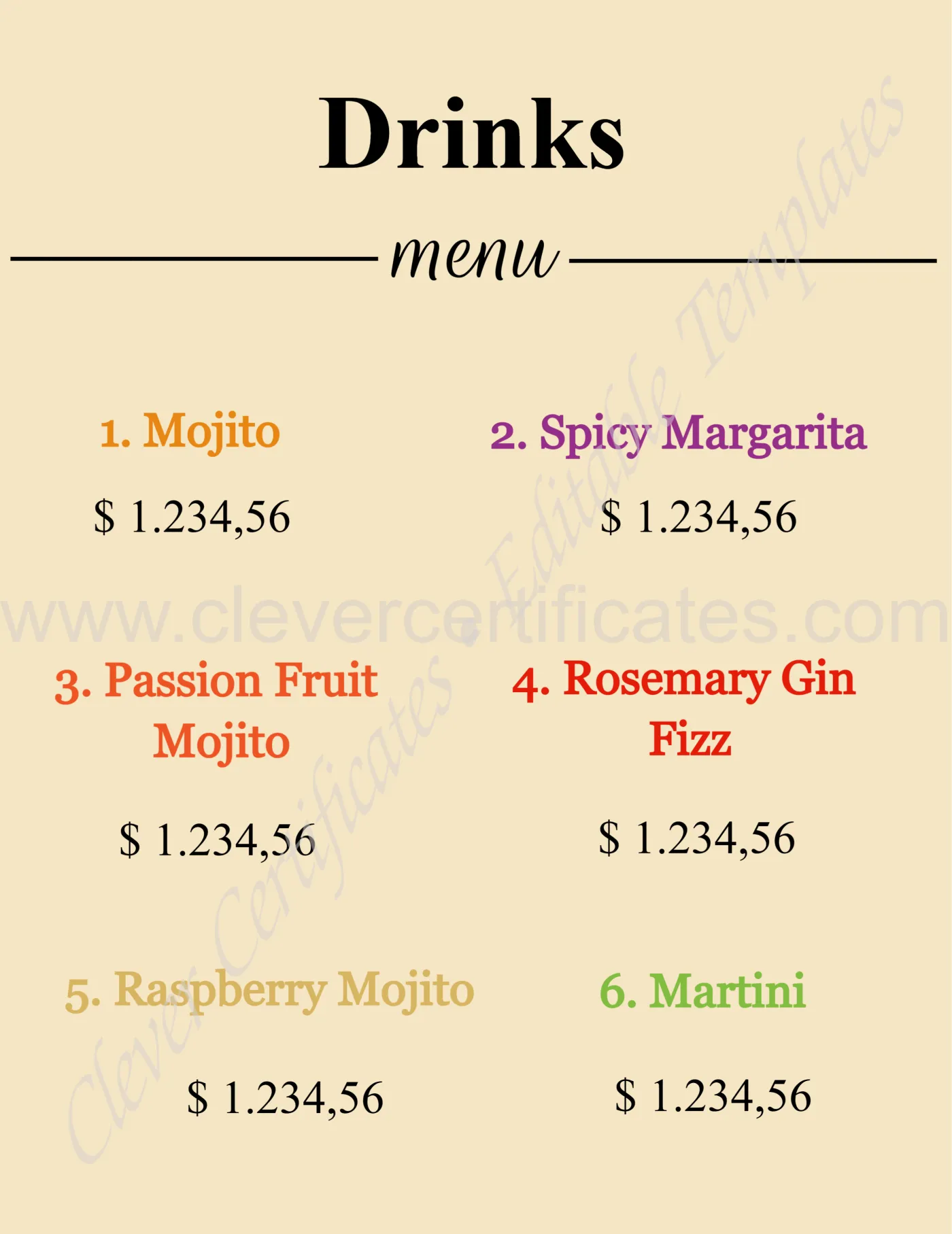 Beige Watercolor Illustrative Glasses Drinks Menu — Certificate Template Preview