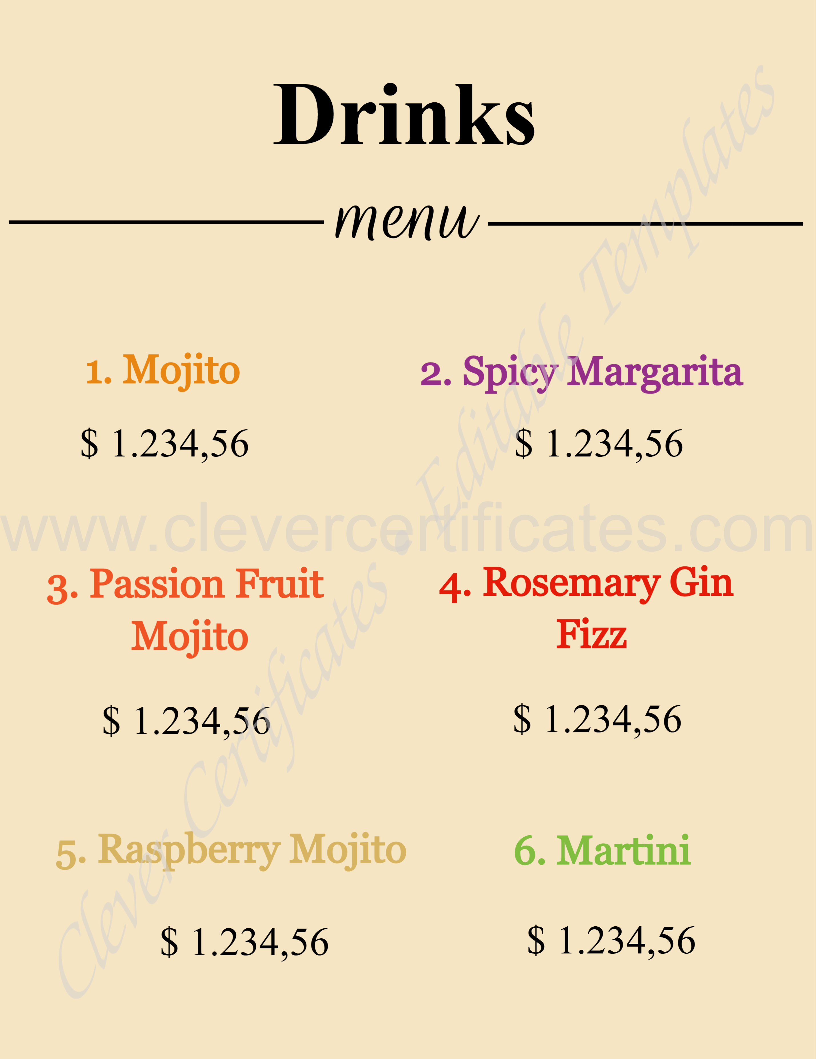 Beige Watercolor Illustrative Glasses Drinks Menu — Certificate Template Preview