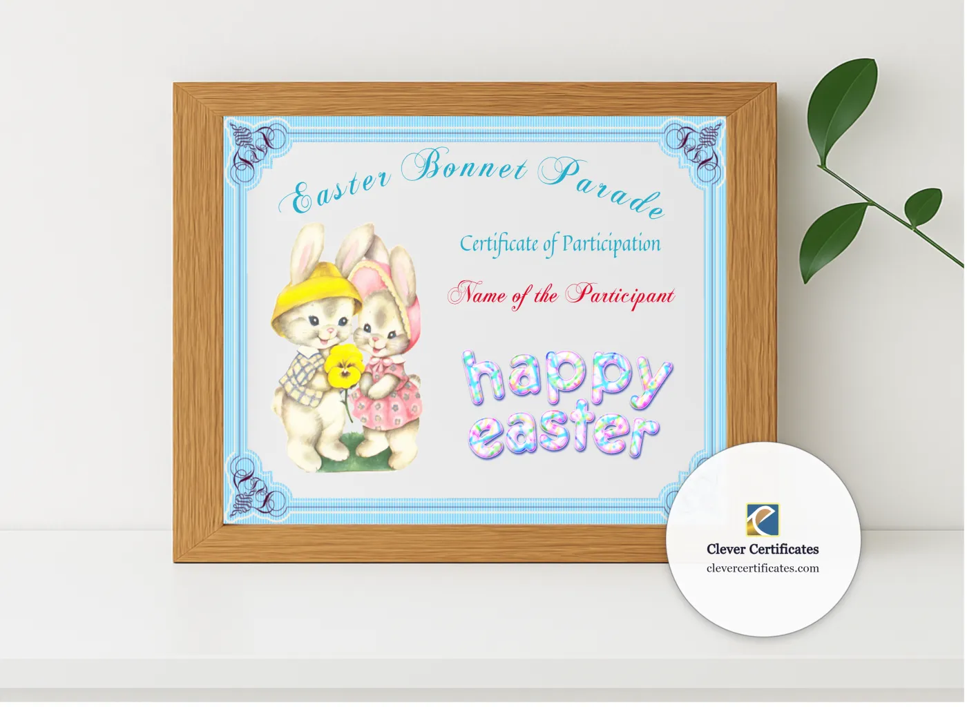 Realistic mockup featuring Easter Bonnet Parade Award displayed within a modern frame, set against a minimalistic background.