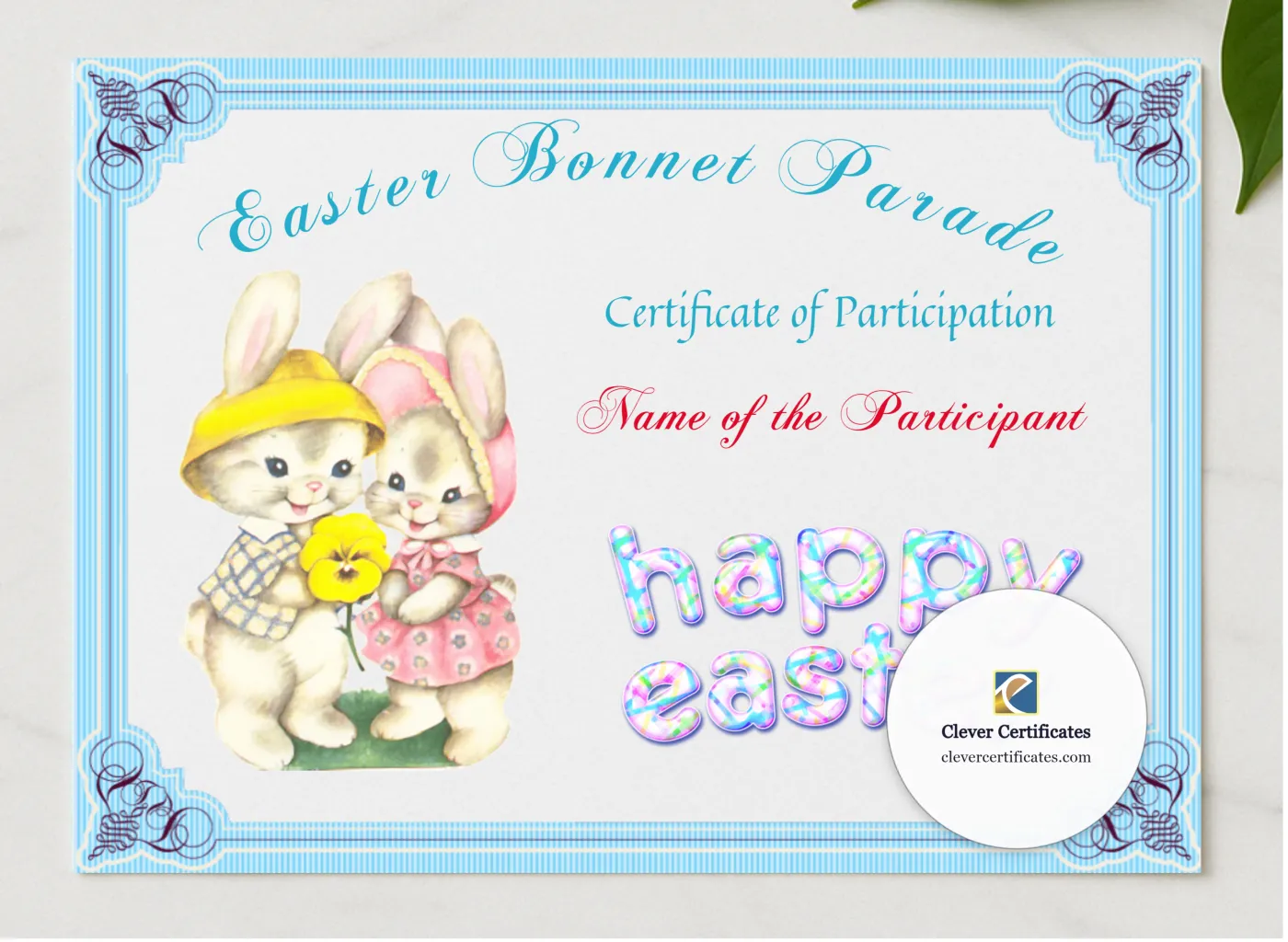 Easter Bonnet Parade Award presented in a sleek wooden frame, elegantly arranged on a stylish table.