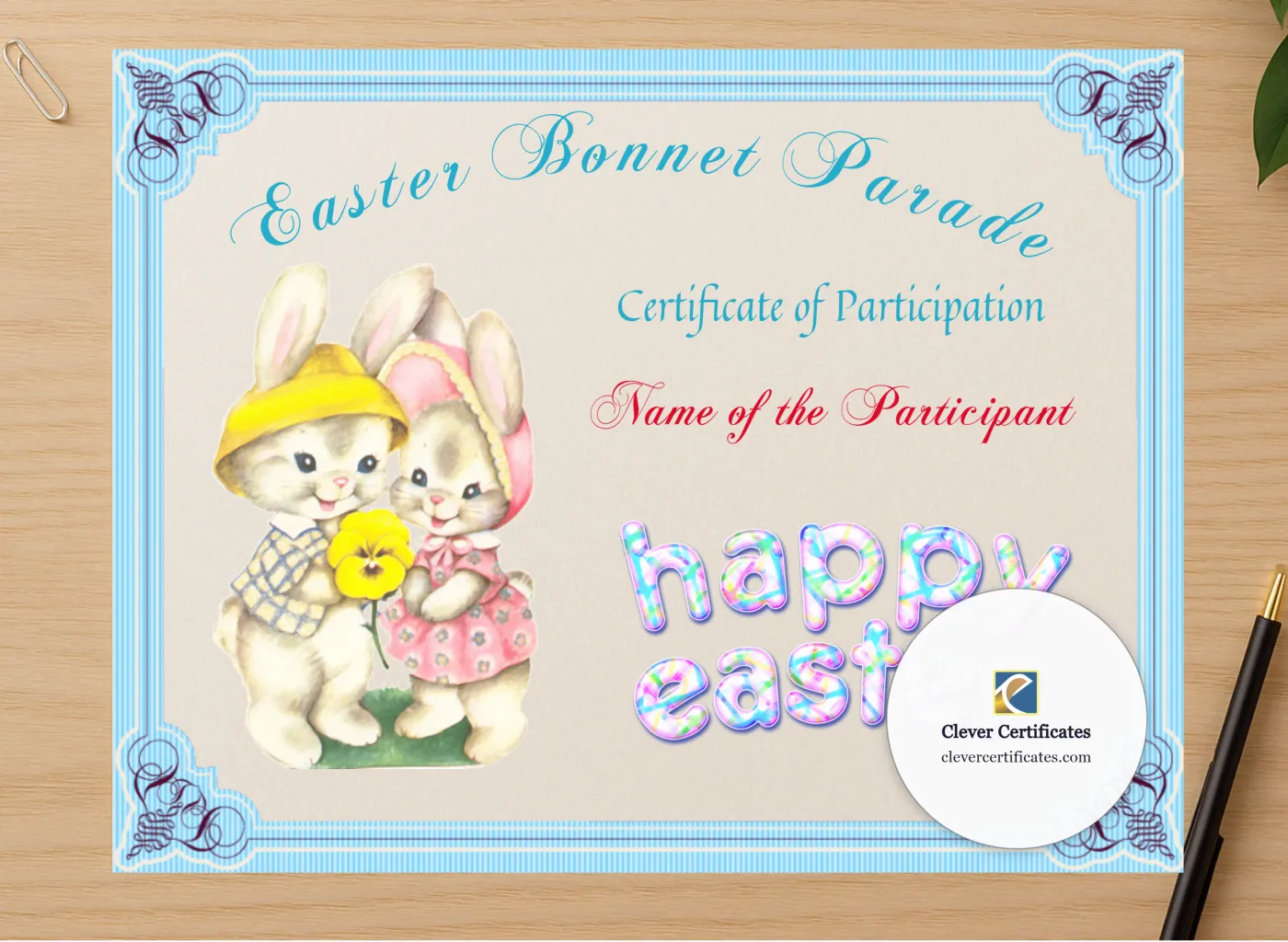 Professional preview of Easter Bonnet Parade Award certificate on high-quality stationery paper, ideal for showcasing the final look.