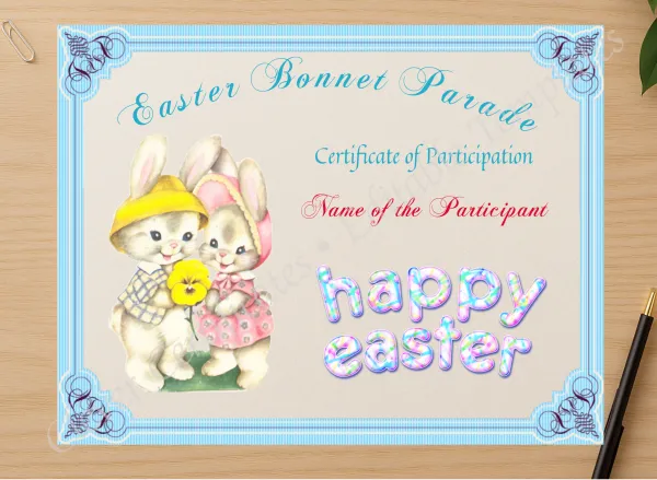 Professional preview of Easter Bonnet Parade Award certificate on high-quality stationery paper, ideal for showcasing the final look.