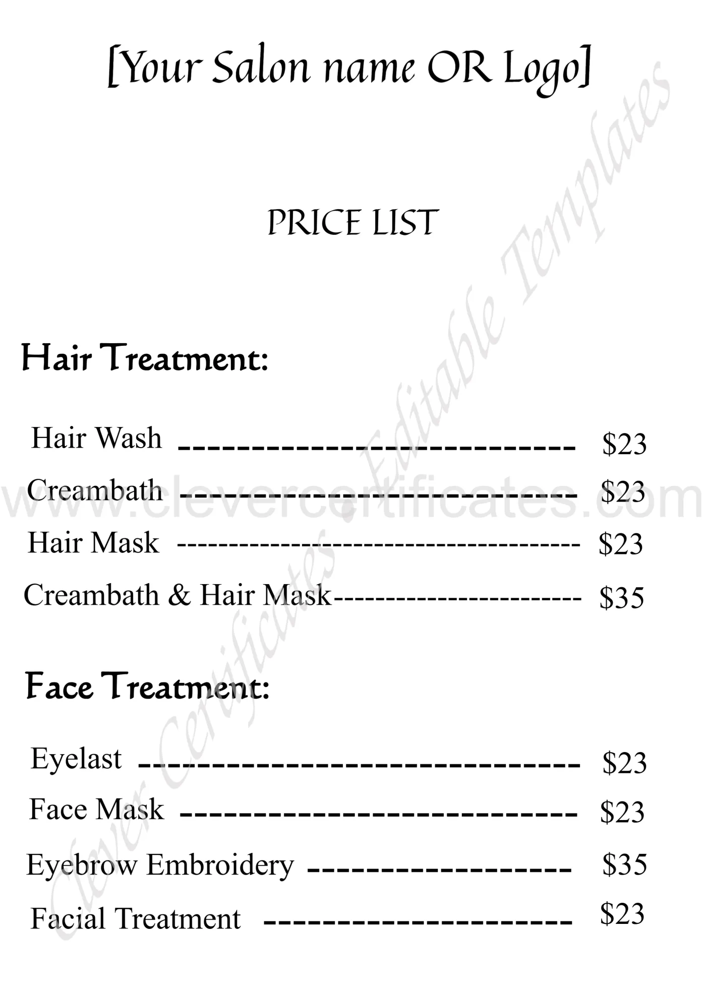 Black And White Modern Price List Menu — Certificate Template Preview
