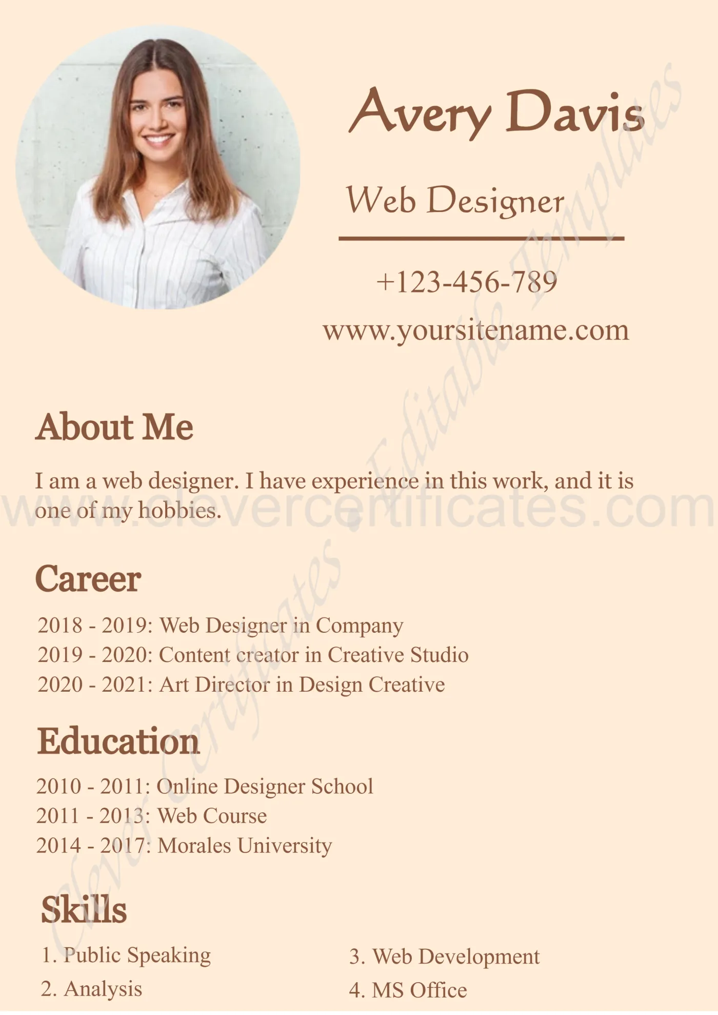 Peach And Brown Creative Minimalist Web Designer Resume — Certificate Template Preview
