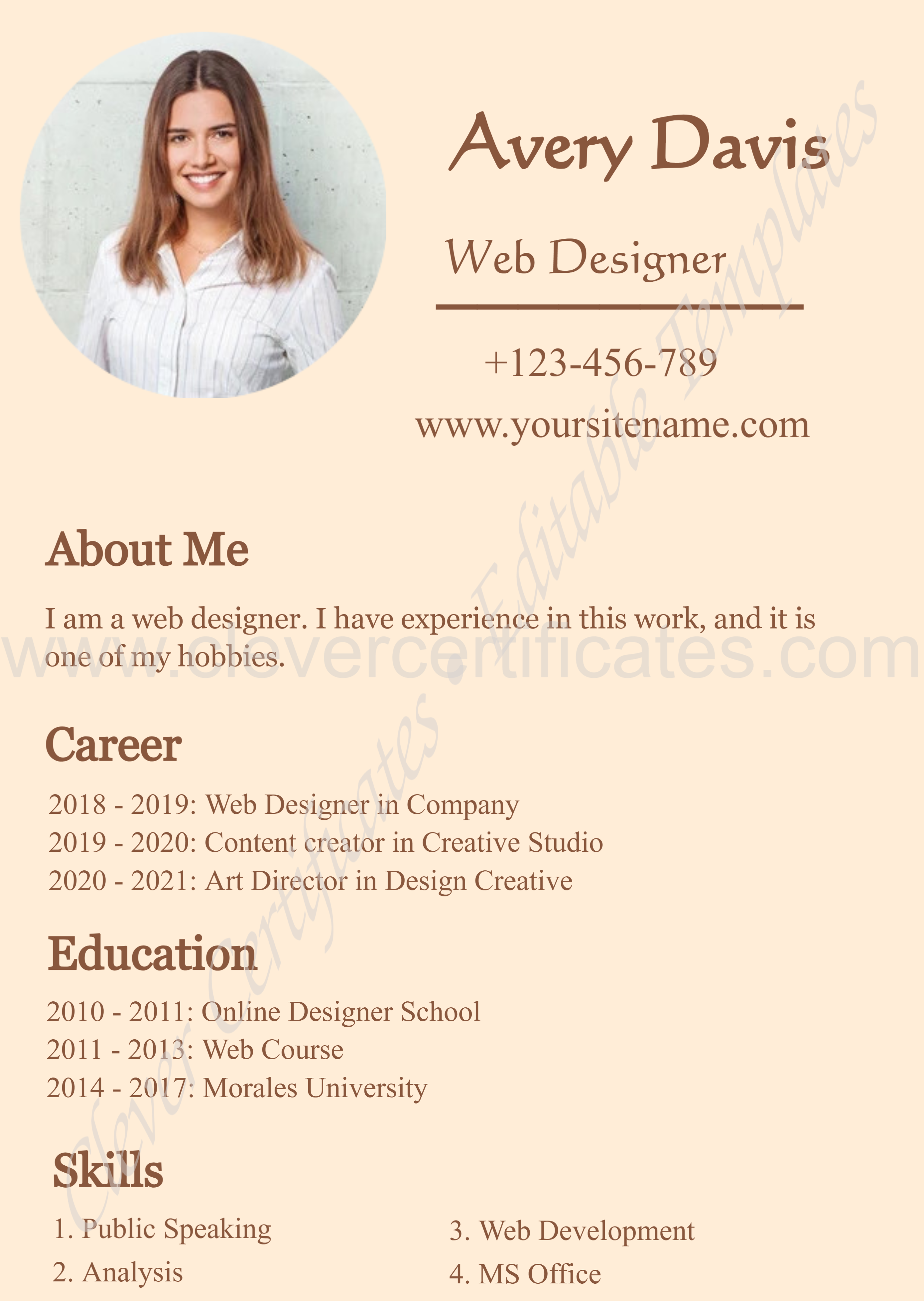 Peach And Brown Creative Minimalist Web Designer Resume — Certificate Template Preview