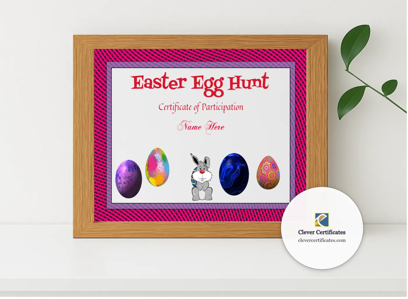 Realistic mockup featuring Easter Egg Hunt Award displayed within a modern frame, set against a minimalistic background.