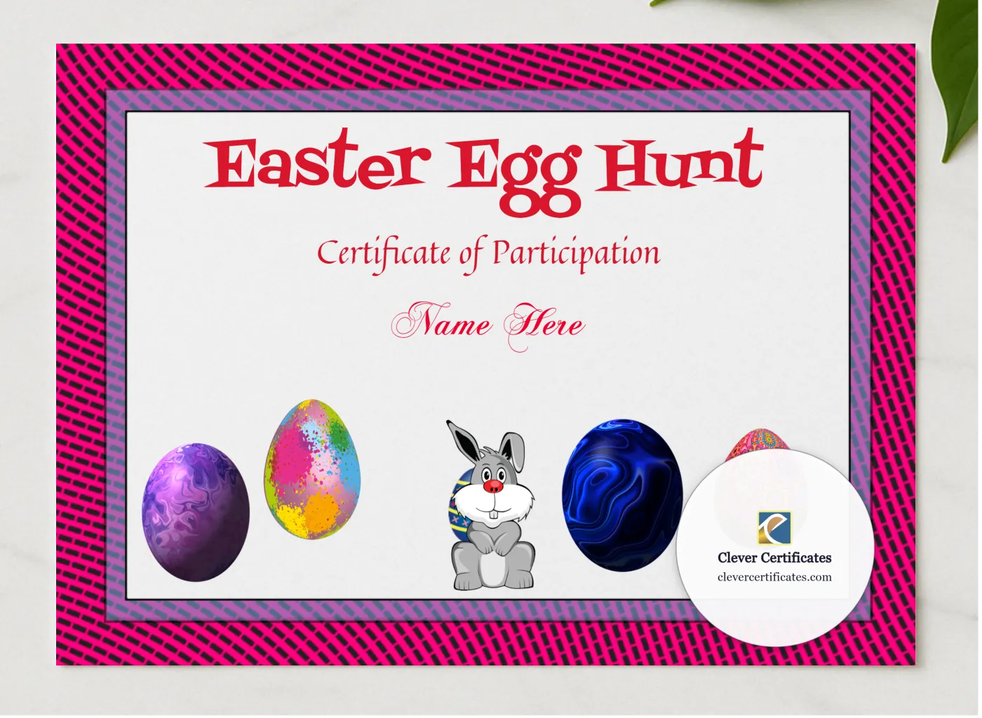 Easter Egg Hunt Award presented in a sleek wooden frame, elegantly arranged on a stylish table.