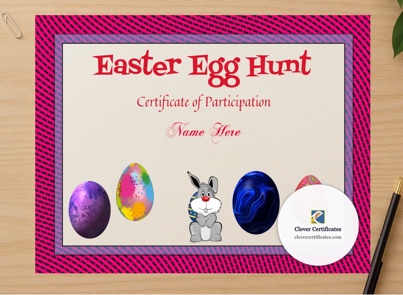 Professional preview of Easter Egg Hunt Award certificate on high-quality stationery paper, ideal for showcasing the final look.