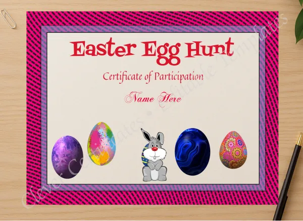 Professional preview of Easter Egg Hunt Award certificate on high-quality stationery paper, ideal for showcasing the final look.