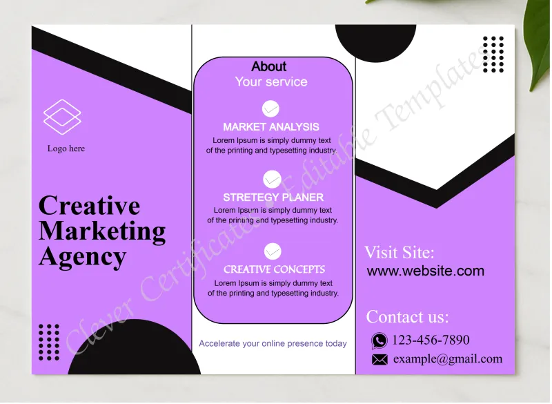 Brochure Design presented in a sleek wooden frame, elegantly arranged on a stylish table.